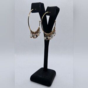 Gold Tone Beaded Hoop Earrings Boho Dangle Charm Crystal Fringe